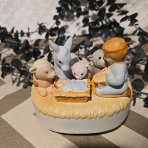 Vintage Nativity Scene Figurine with Animals Music Box